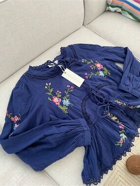 Jennifer and grace navy embroidered ruffle pilgrim blouse